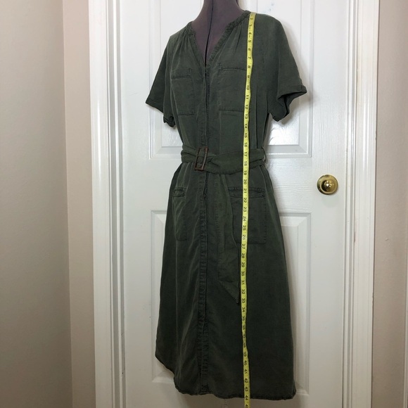 Lucky Brand Linen Blend Army Green Button Closure Pockets Belted Midi Dress S - Picture 13 of 15